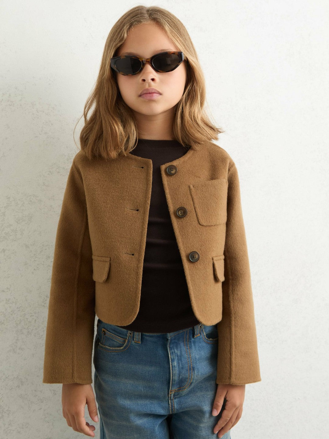 9-13 yrs Wool-Blend Cropped Collarless Jacket in Camel | Reiss Children & Baby Premium