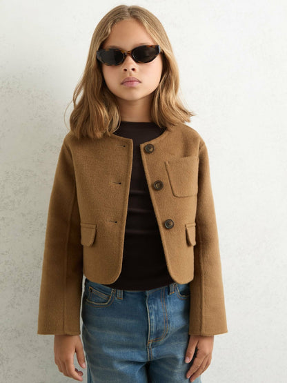 9-13 yrs Wool-Blend Cropped Collarless Jacket in Camel | Reiss Children & Baby Premium