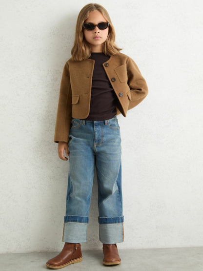 9-13 yrs Wool-Blend Cropped Collarless Jacket in Camel | Reiss Children & Baby Premium