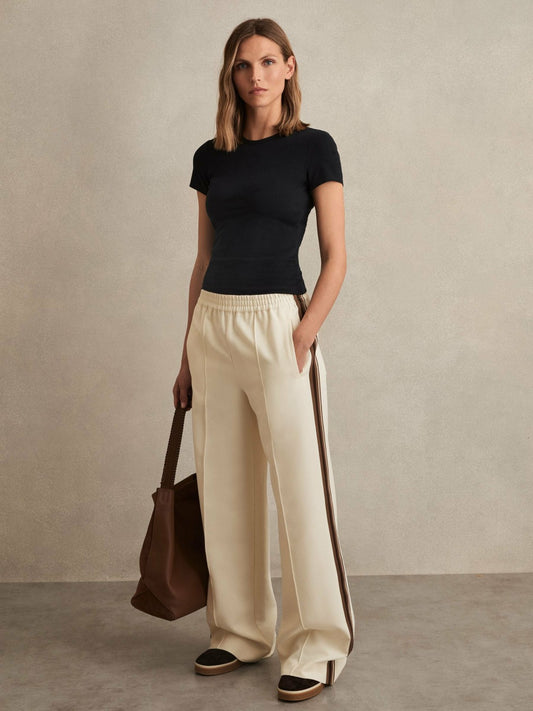Side-Stripe Wide-Leg Trousers in Cream | Reiss Women Featured