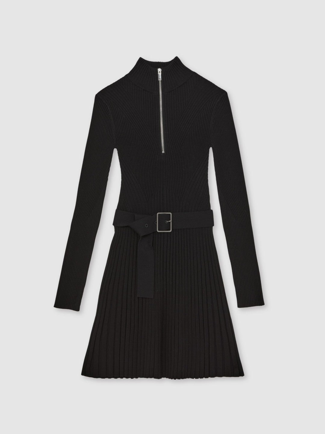 Rib-Knit Belted Half-Zip Flippy Dress in Black | Reiss Women Signature