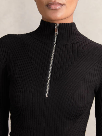 Rib-Knit Belted Half-Zip Flippy Dress in Black | Reiss Women Signature