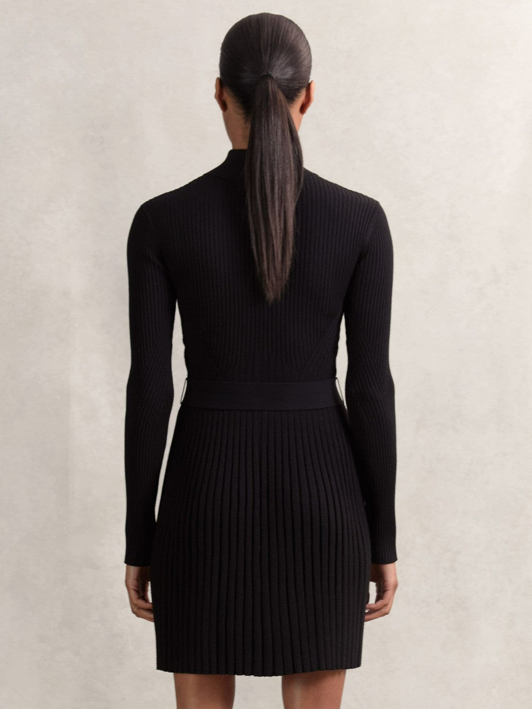 Rib-Knit Belted Half-Zip Flippy Dress in Black | Reiss Women Signature
