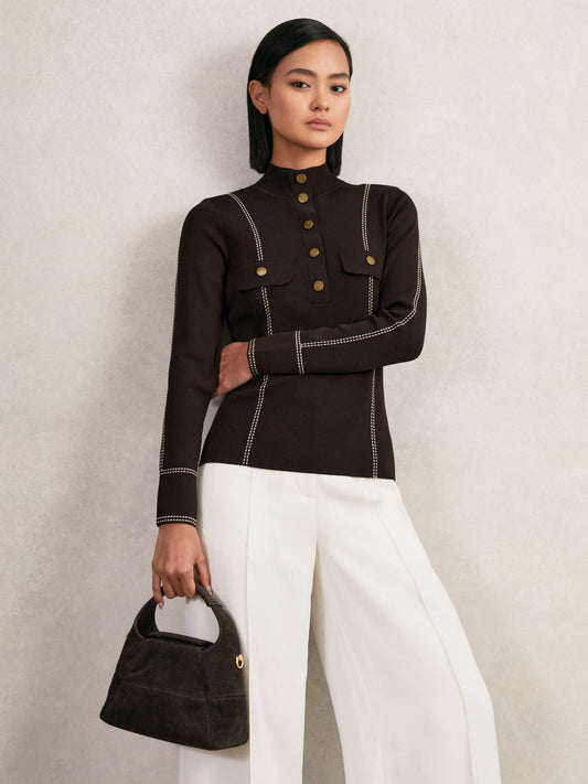 Contrast-Stitch Knit Top in Burgundy | Reiss Women Premium