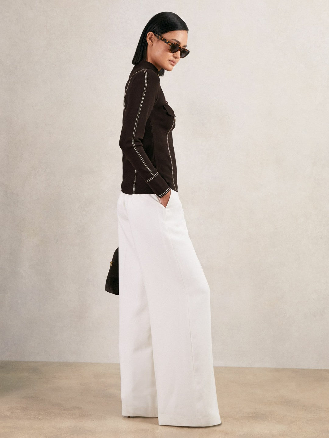 Contrast-Stitch Knit Top in Burgundy | Reiss Women Premium