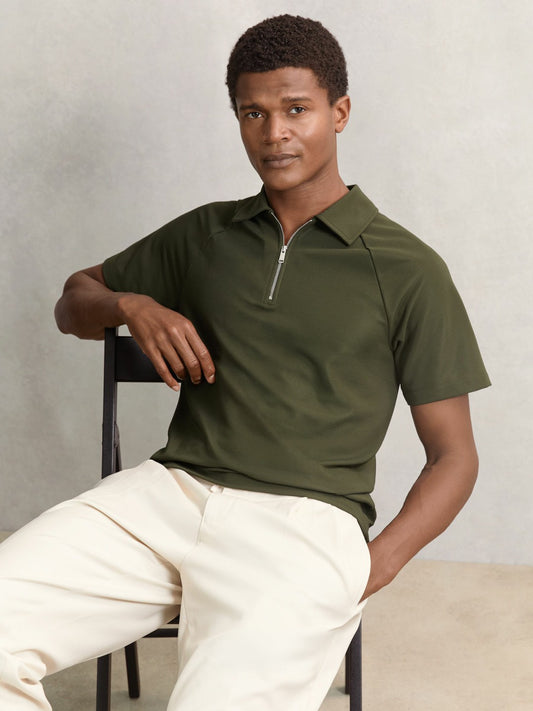 Textured Raglan Half-Zip Polo Shirt in Green | Reiss Men Popular