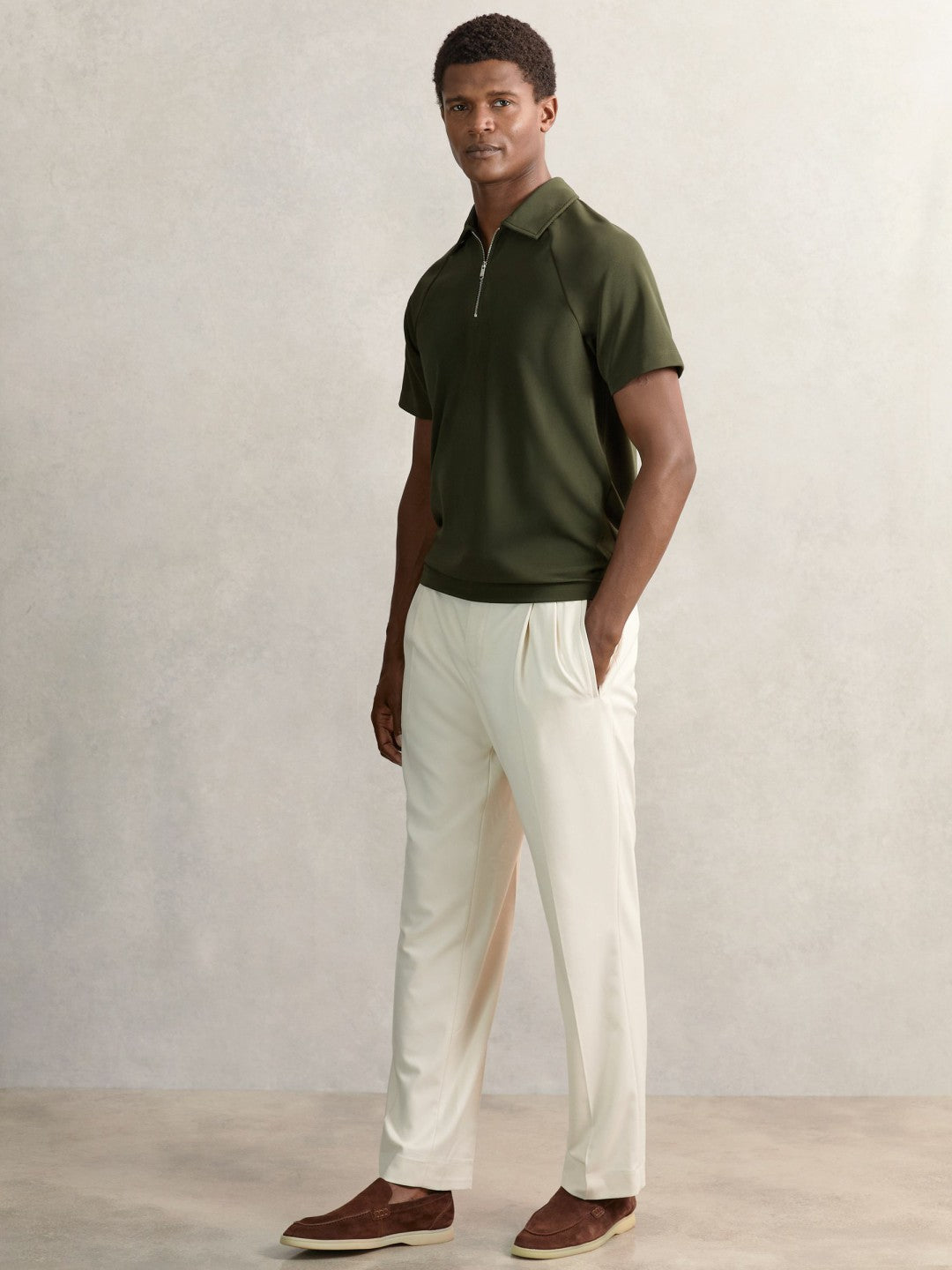 Textured Raglan Half-Zip Polo Shirt in Green | Reiss Men Popular
