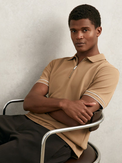 Textured Half-Zip Tipped Polo Shirt in Camel | Reiss Men Trending