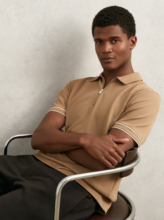 Textured Half-Zip Tipped Polo Shirt in Camel | Reiss Men Trending