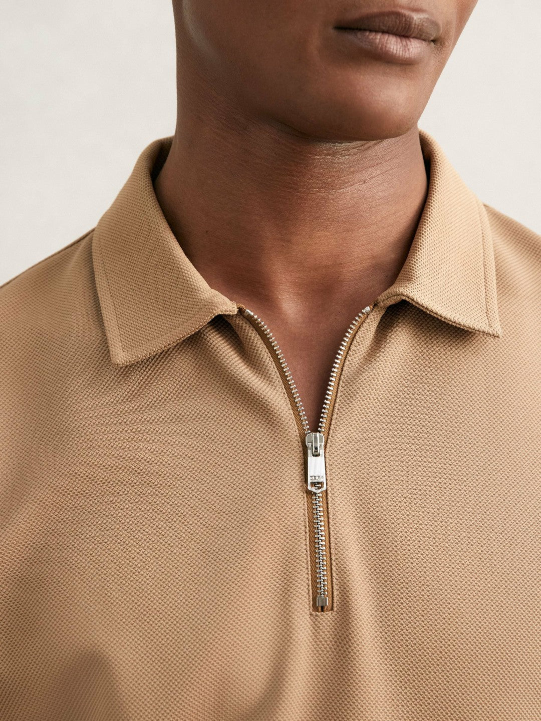 Textured Half-Zip Tipped Polo Shirt in Camel | Reiss Men Trending