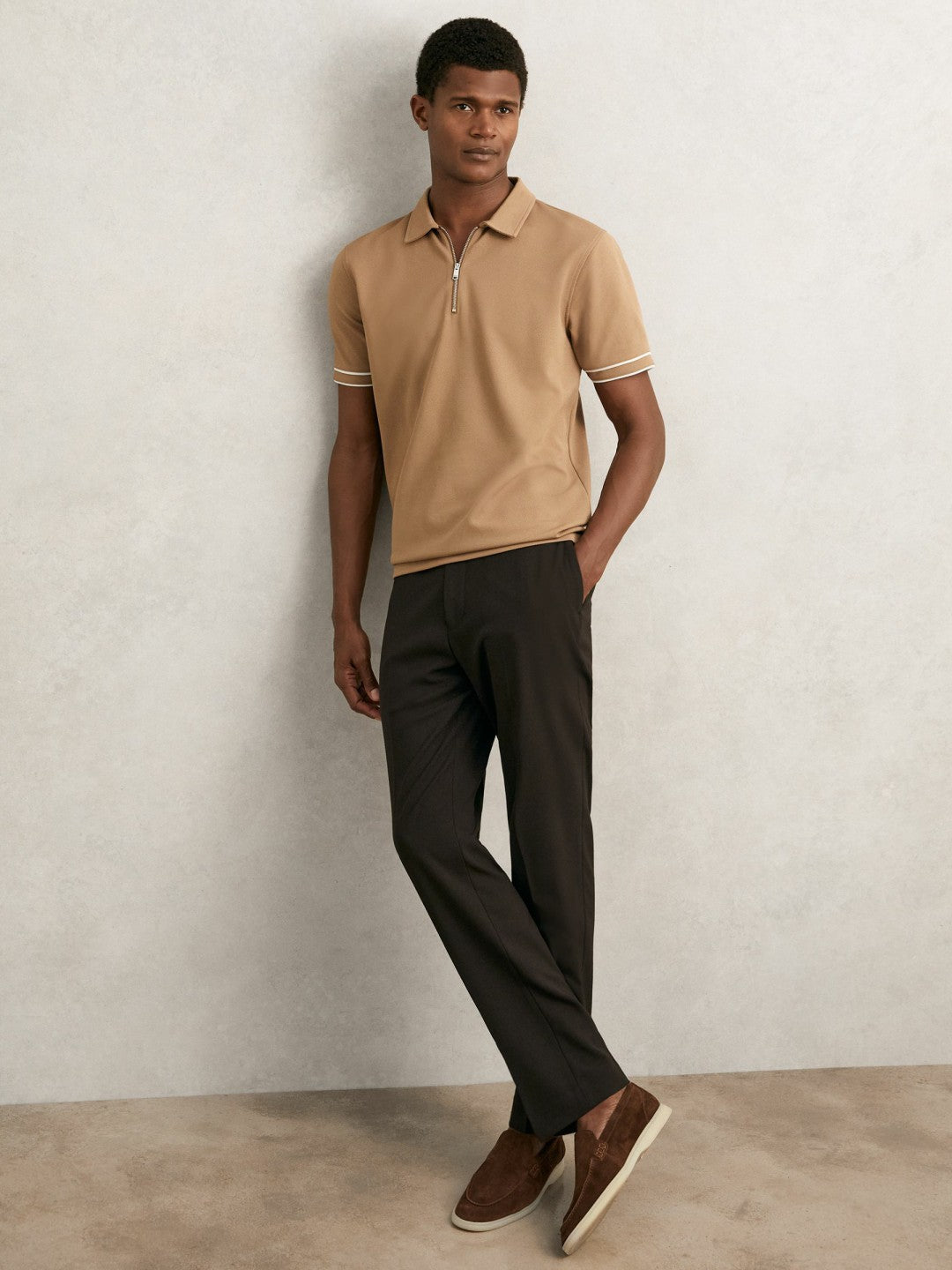 Textured Half-Zip Tipped Polo Shirt in Camel | Reiss Men Trending