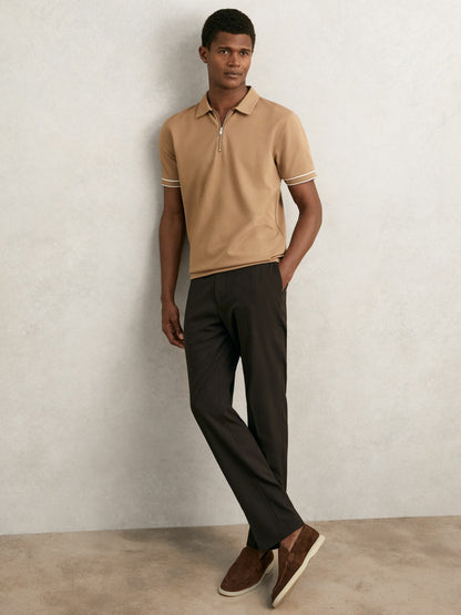 Textured Half-Zip Tipped Polo Shirt in Camel | Reiss Men Trending