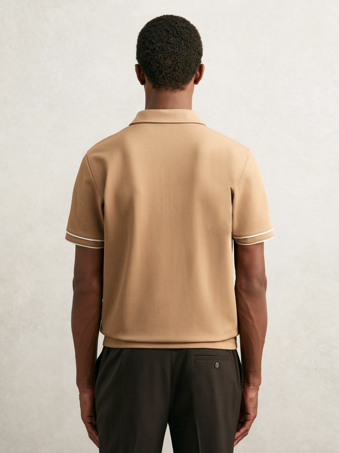 Textured Half-Zip Tipped Polo Shirt in Camel | Reiss Men Trending