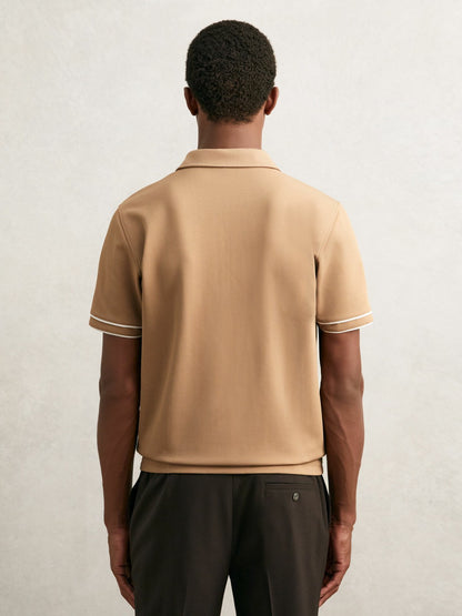 Textured Half-Zip Tipped Polo Shirt in Camel | Reiss Men Trending