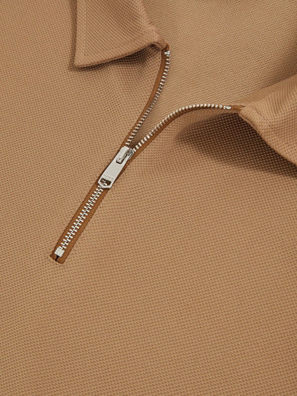 Textured Half-Zip Tipped Polo Shirt in Camel | Reiss Men Trending