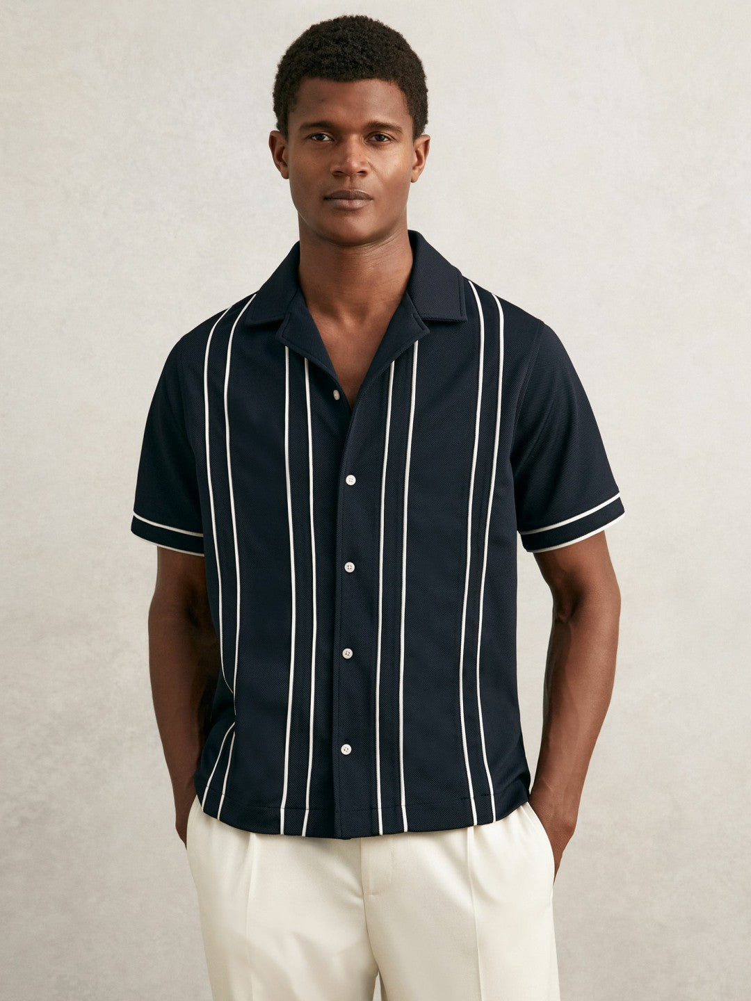Piped-Stripe Cuban-Collar Shirt in Navy/White | Reiss Men Recommended