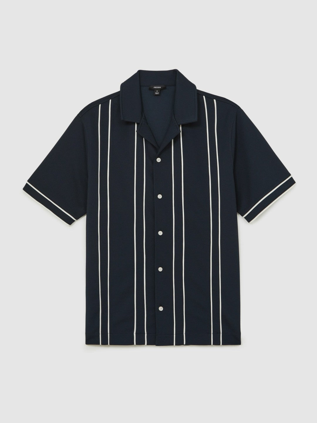 Piped-Stripe Cuban-Collar Shirt in Navy/White | Reiss Men Recommended