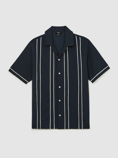 Piped-Stripe Cuban-Collar Shirt in Navy/White | Reiss Men Recommended