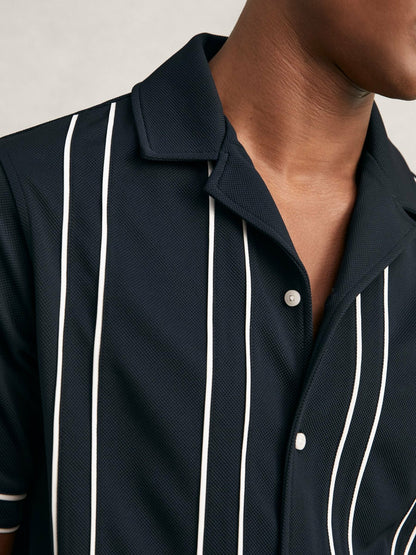 Piped-Stripe Cuban-Collar Shirt in Navy/White | Reiss Men Recommended