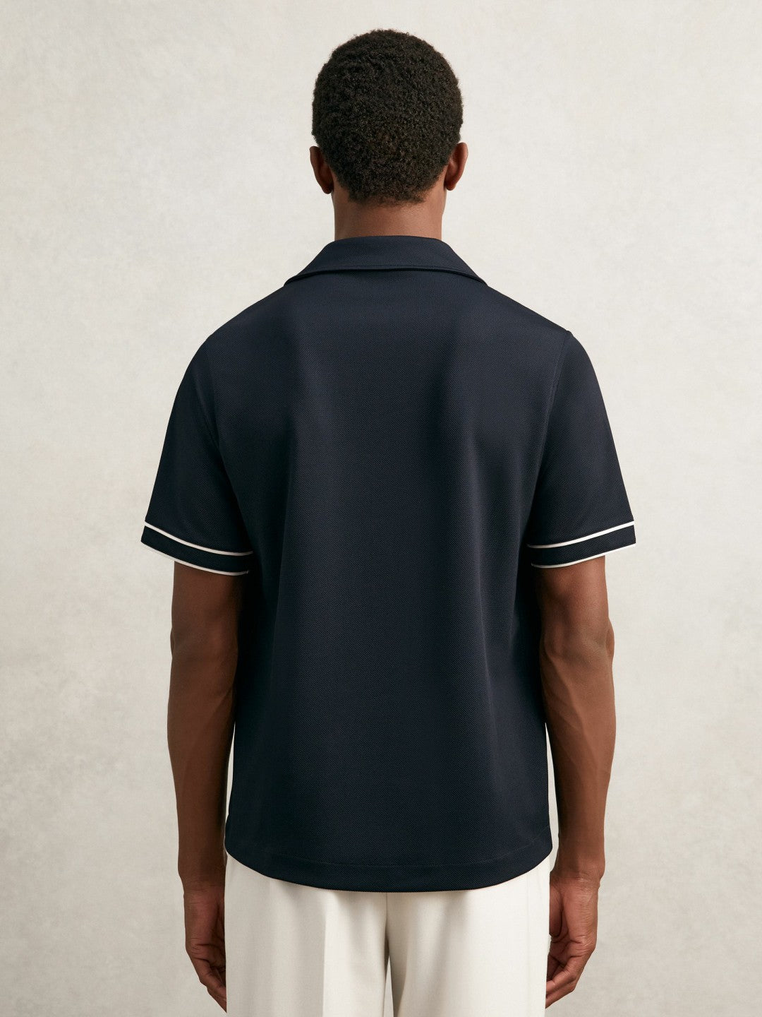 Piped-Stripe Cuban-Collar Shirt in Navy/White | Reiss Men Recommended