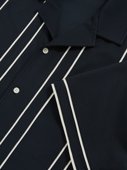 Piped-Stripe Cuban-Collar Shirt in Navy/White | Reiss Men Recommended