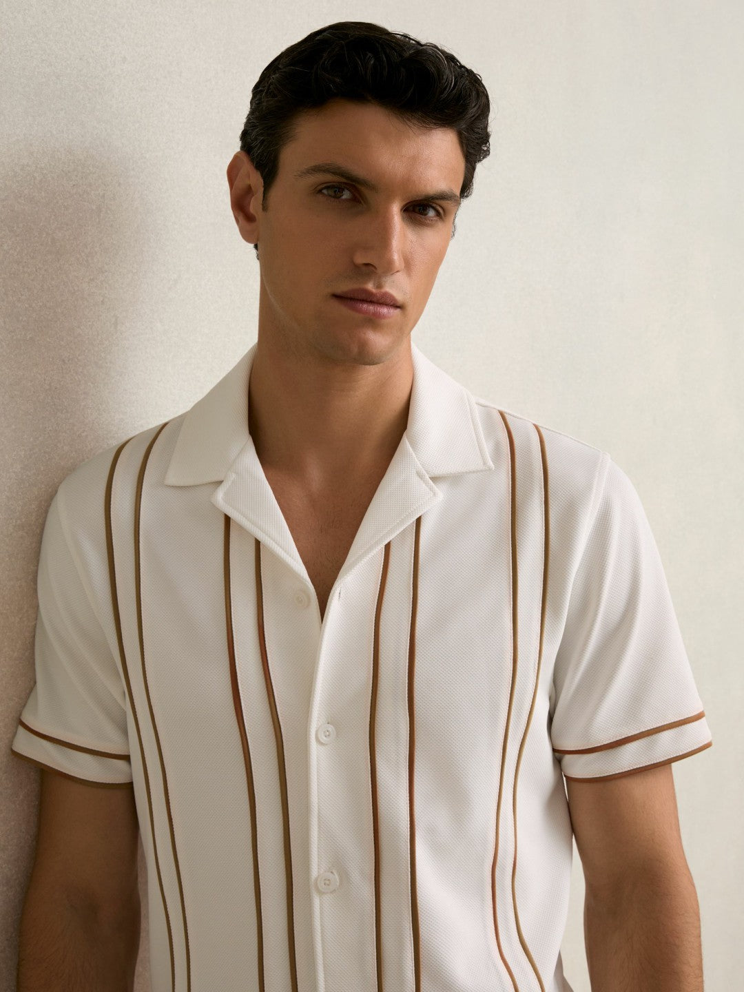 Piped-Stripe Cuban-Collar Shirt in White/Camel | Reiss Men Signature