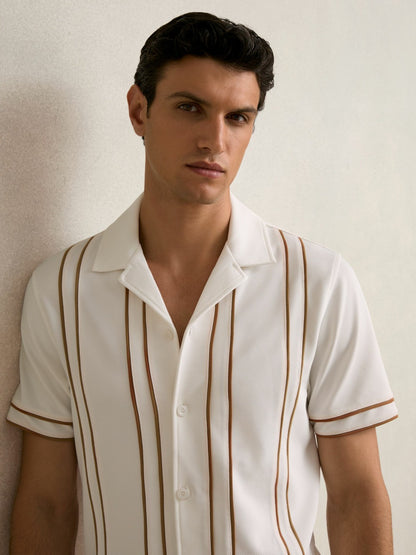 Piped-Stripe Cuban-Collar Shirt in White/Camel | Reiss Men Signature