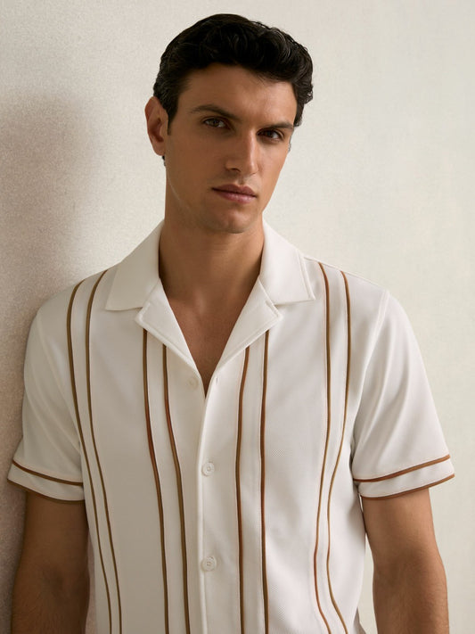 Piped-Stripe Cuban-Collar Shirt in White/Camel | Reiss Men Signature