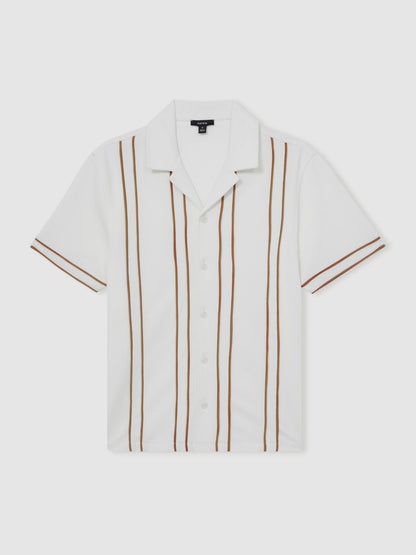 Piped-Stripe Cuban-Collar Shirt in White/Camel | Reiss Men Signature