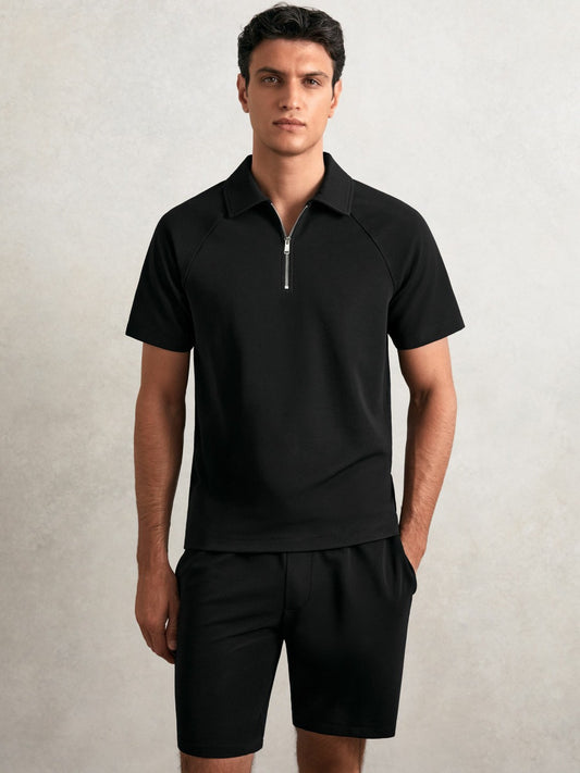 Textured Raglan Half-Zip Polo Shirt in Black | Reiss Men Popular