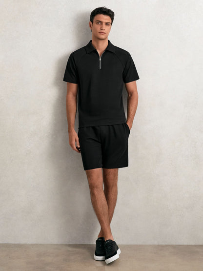 Textured Raglan Half-Zip Polo Shirt in Black | Reiss Men Popular