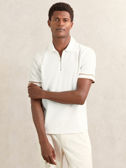 Textured Half-Zip Tipped Polo Shirt in White | Reiss Men Premium