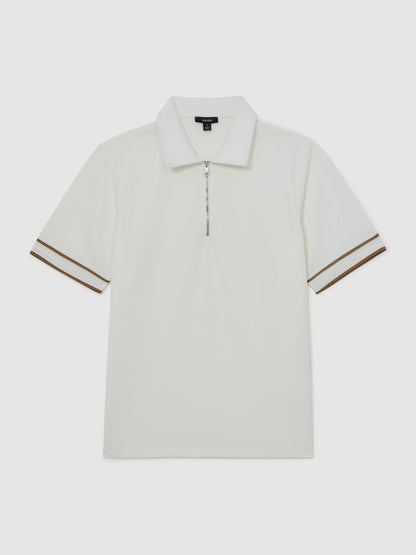 Textured Half-Zip Tipped Polo Shirt in White | Reiss Men Premium