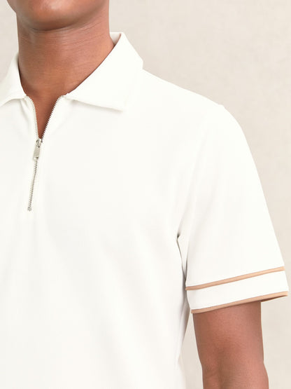 Textured Half-Zip Tipped Polo Shirt in White | Reiss Men Premium