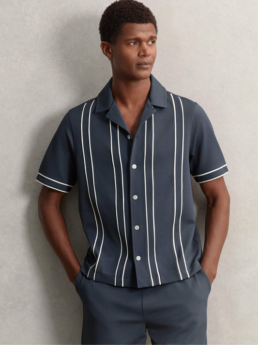 Piped-Stripe Cuban-Collar Shirt in Airforce Blue | Reiss Men Best Seller
