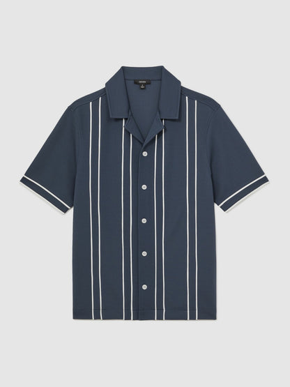 Piped-Stripe Cuban-Collar Shirt in Airforce Blue | Reiss Men Best Seller