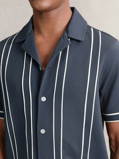 Piped-Stripe Cuban-Collar Shirt in Airforce Blue | Reiss Men Best Seller