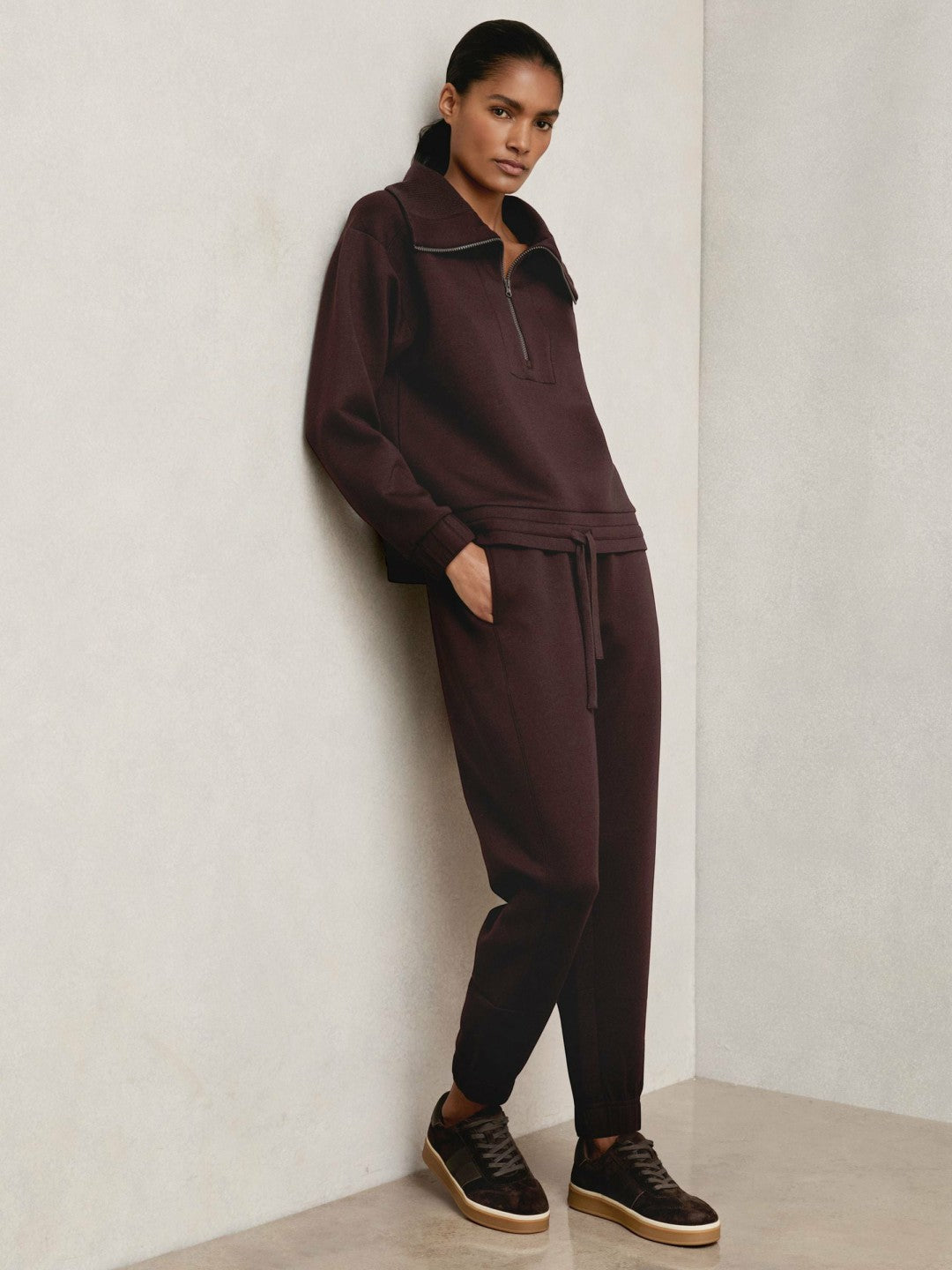 Tapered Elasticated-Waist Joggers in Plum | Reiss Women Premium
