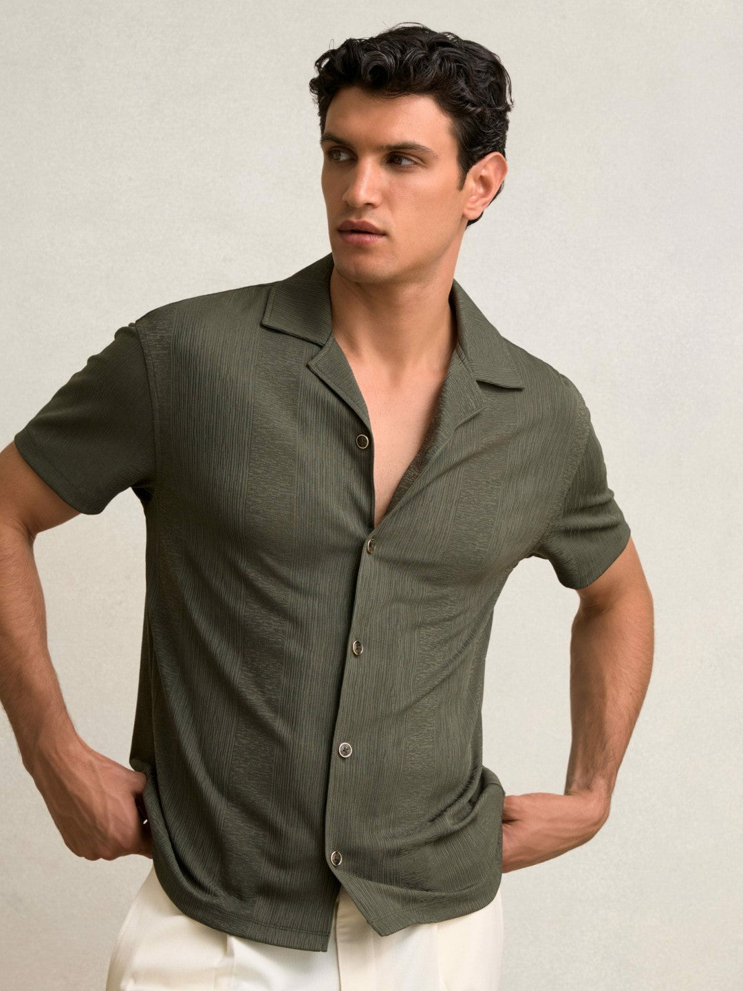 Jacquard-Stripe Cuban-Collar Shirt in Dark Green | Reiss Men Featured