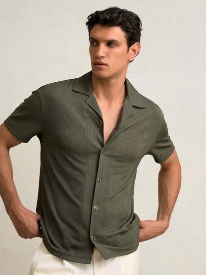 Jacquard-Stripe Cuban-Collar Shirt in Dark Green | Reiss Men Featured