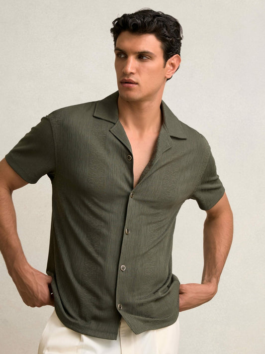 Jacquard-Stripe Cuban-Collar Shirt in Dark Green | Reiss Men Featured