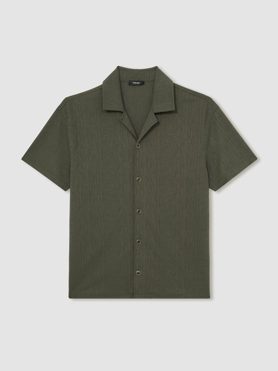 Jacquard-Stripe Cuban-Collar Shirt in Dark Green | Reiss Men Featured
