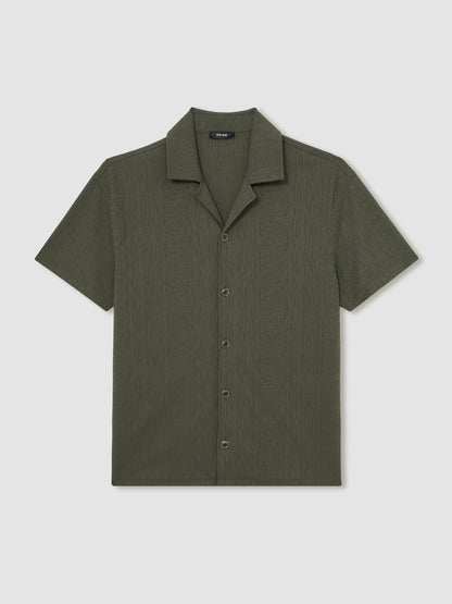 Jacquard-Stripe Cuban-Collar Shirt in Dark Green | Reiss Men Featured