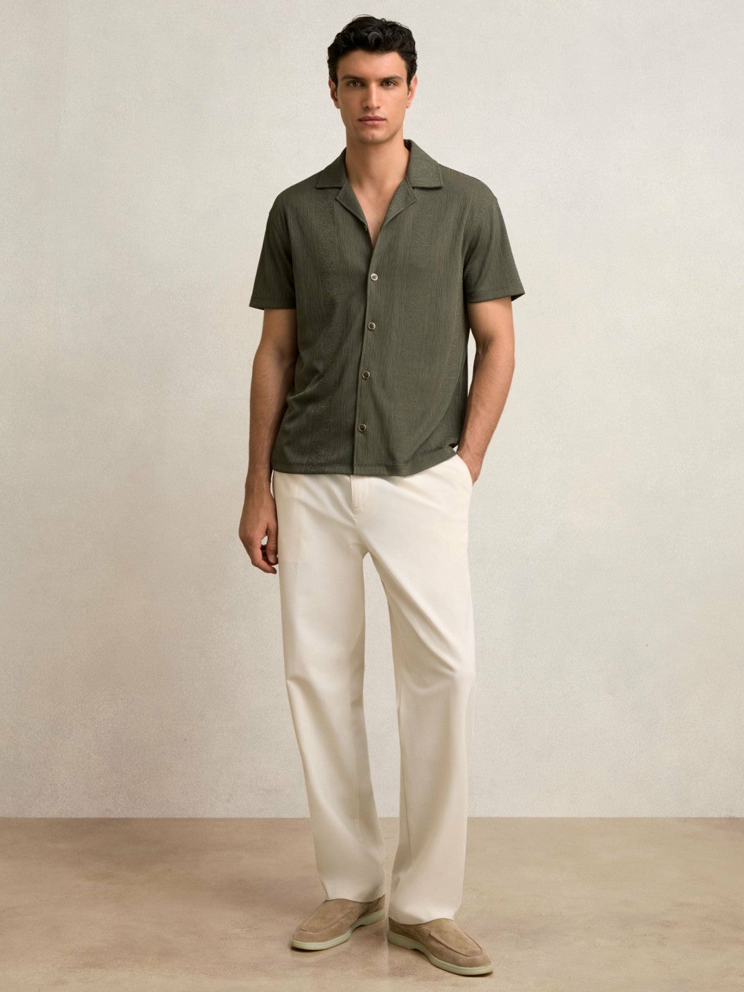 Jacquard-Stripe Cuban-Collar Shirt in Dark Green | Reiss Men Featured