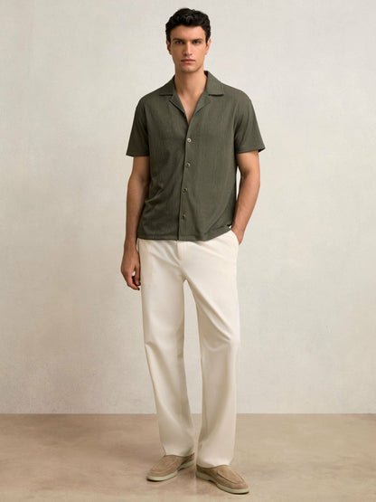Jacquard-Stripe Cuban-Collar Shirt in Dark Green | Reiss Men Featured