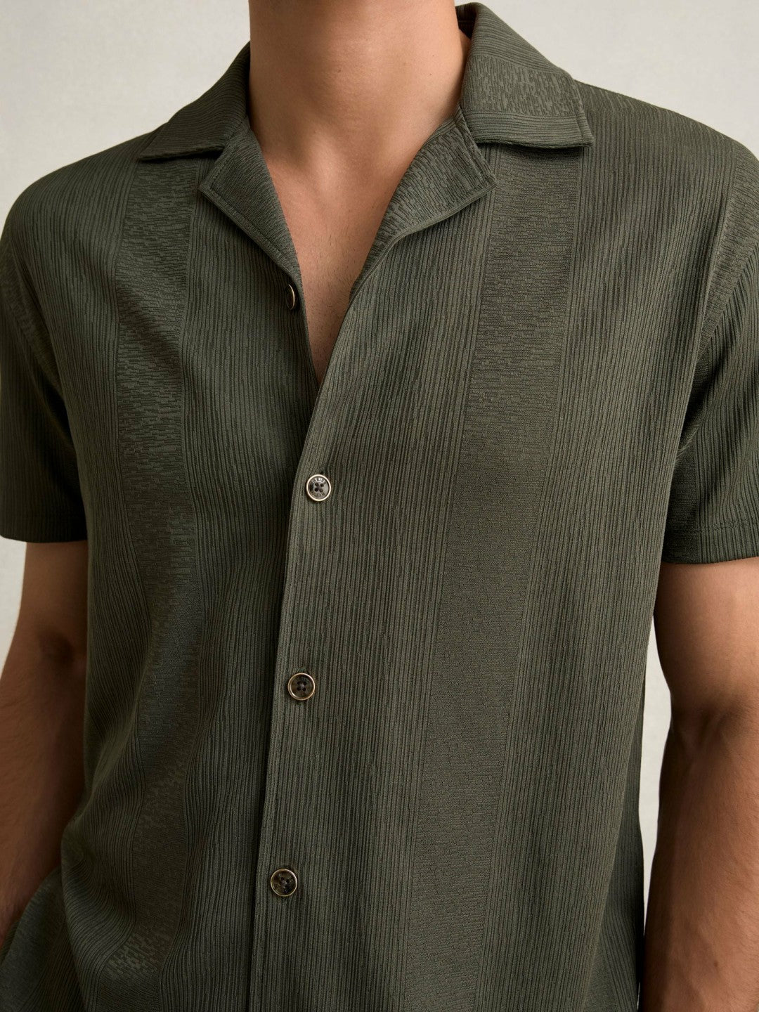 Jacquard-Stripe Cuban-Collar Shirt in Dark Green | Reiss Men Featured
