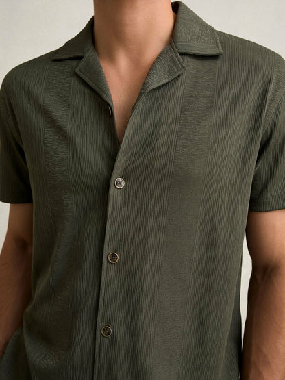Jacquard-Stripe Cuban-Collar Shirt in Dark Green | Reiss Men Featured