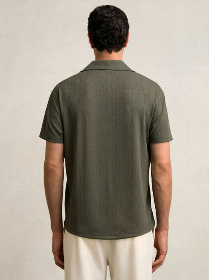 Jacquard-Stripe Cuban-Collar Shirt in Dark Green | Reiss Men Featured
