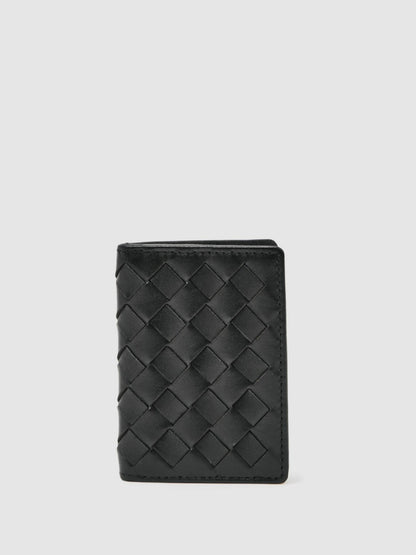 Leather Large Lattice-Effect Cardholder in Black | Reiss Men Premium