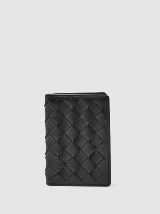 Leather Large Lattice-Effect Cardholder in Black | Reiss Men Premium